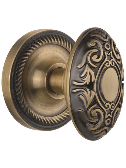 Rope Rosette Door Set With Decorative Oval Knobs in Antique Brass with.